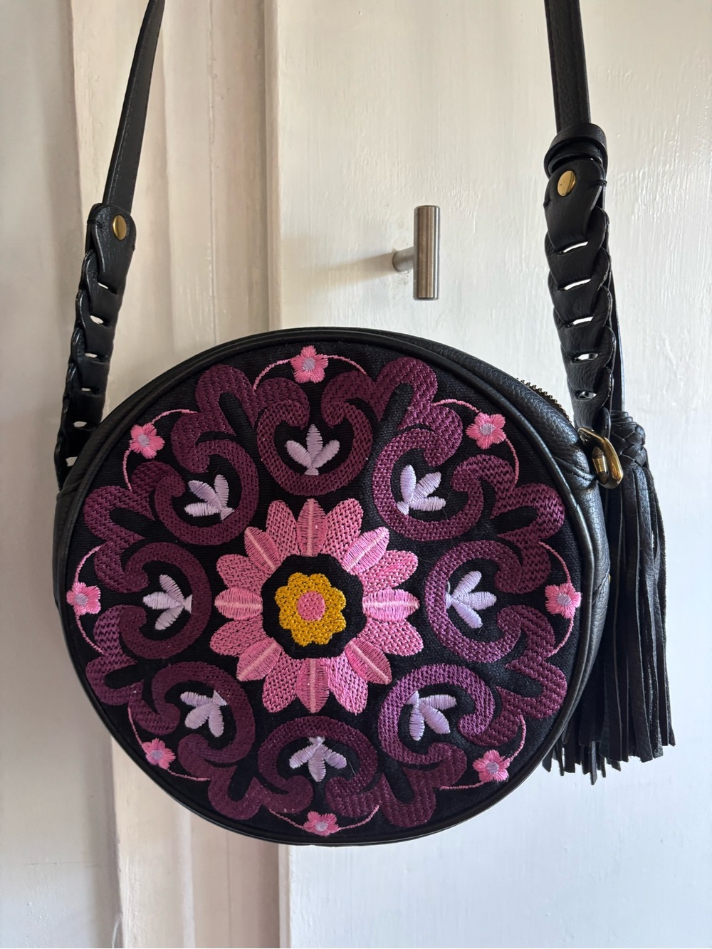 Embroidered Black Round Crossbody Bag with Pink Floral Embroidery